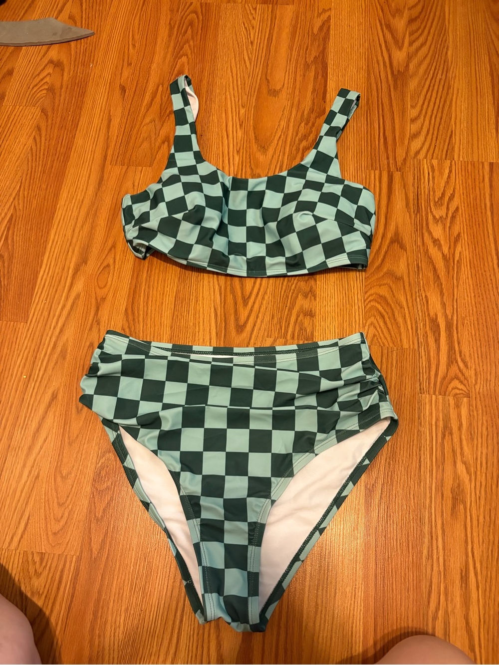 Green/blue Checkered Two-Piece Bikini Set.